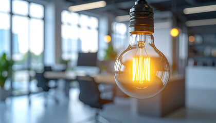 Warm glowing tungsten filament light bulb against backdrop of stylish modern office.