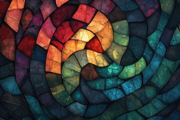 Mesmerizing abstract stained glass pattern with swirling, textured segments in a rich spectrum from warm reds to cool blues.
