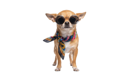 Tan chihuahua dog wearing sunglasses and scarf isolated PNG with Transparent Background