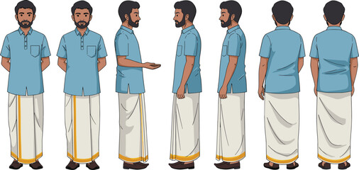 South Indian man character turnaround, traditional attire dhoti and shirt, multiple angles for animation, cultural design reference, cad drawing flat vector illustration