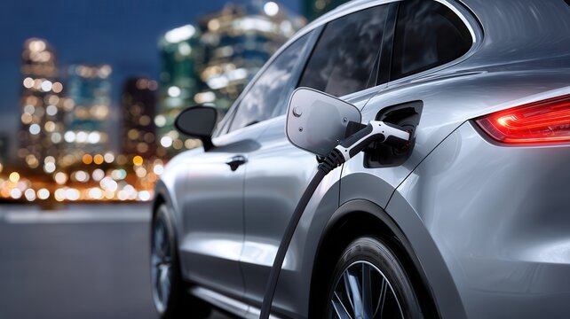 Electric car is charging an urban charging station, emphasizing sustainable transportation and eco friendly technology city in setting