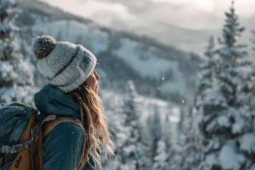 Fototapeta premium Nachdenkliche Winterwanderin blickt über verschneite Berglandschaft 