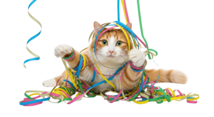 Ginger cat playing with colorful party streamers isolated PNG with Transparent Background