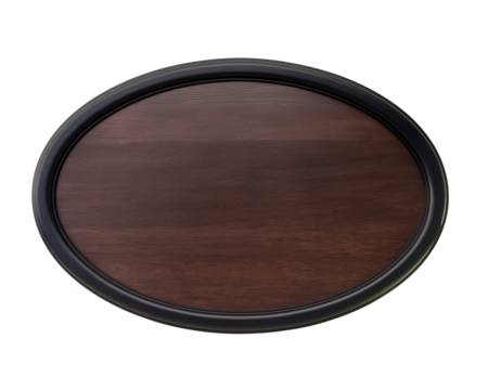 Round wooden tray with dark glossy rim on transparent background