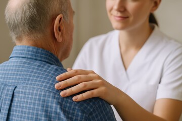 Nurse comforting elderly man by placing hand on shoulder in compassionate healthcare setting indoors, concept of support and care in medical services. Ai generative