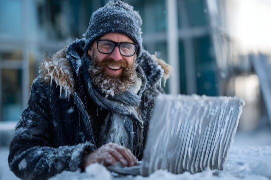 Eisiger Arbeitsplatz mit l&auml;chelndem Mann und gefrorenem Laptop
