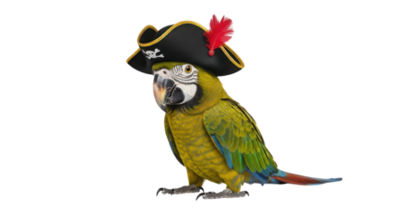 Colorful parrot wearing a pirate hat isolated PNG with Transparent Background