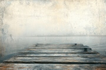 Weathered wooden dock extends into misty, tranquil lake. Vintage texture evokes serene, melancholic, mysterious, contemplative atmosphere, hinting at journeys unknown.