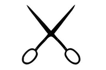 Pair of black scissors with crossed blades on transparent background