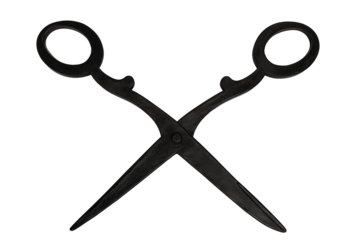 Pair of sleek black scissors with ergonomic handles and precision-cut blades on transparent background