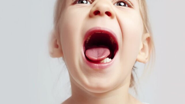 Close up view of young child opening mouth wide showing inside oral cavity, expressive facial detail for dentistry examination concept, pediatric health care checkup and clean white background portrai