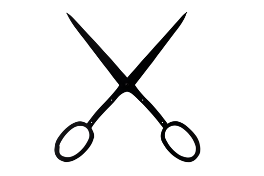 Pair of black scissors with crossed blades on transparent background