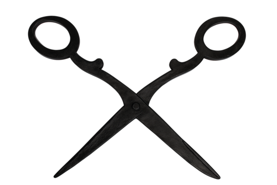Pair of sleek black scissors with ergonomic handles and precision-cut blades on transparent background