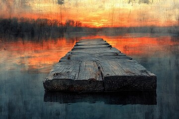 Rustic wooden pier extends into calm, reflective water, beneath a dramatic orange sunset. Silhouetted trees frame the horizon, a serene, textured scene.