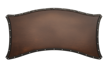 Medieval shield with dark glossy finish and metal rim on transparent background