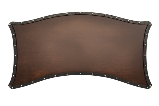 Medieval shield with dark glossy finish and metal rim on transparent background