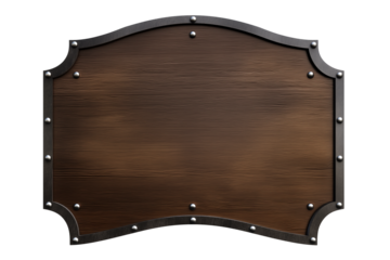 Rectangular wooden plaque with black metal frame and transparent background