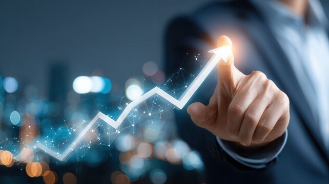 Business man touching a glowing arrow graph a blurred city background, illustrating concepts growth, of success, investment