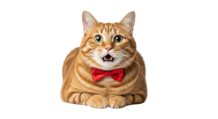 Surprised ginger cat wearing a red bow tie isolated PNG with Transparent Background
