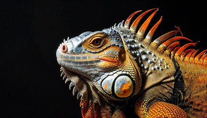 A vibrant close-up of a reptile with detailed scales, spiky crest, and piercing gaze against a dark background