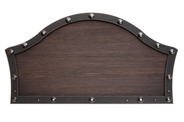 Shield-like object with dark wood and matte black metal frame on transparent background
