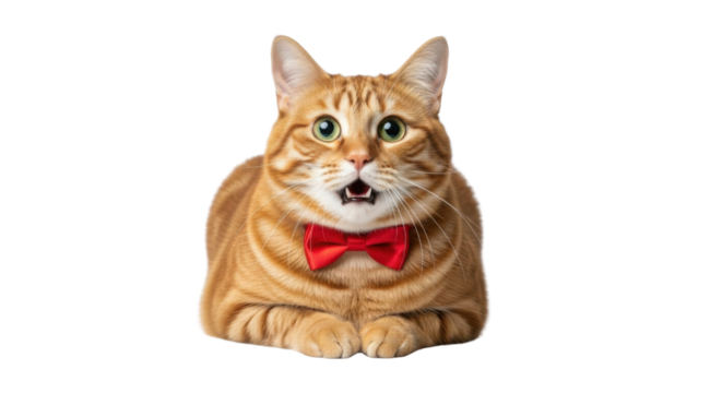 Surprised ginger cat wearing a red bow tie isolated PNG with Transparent Background