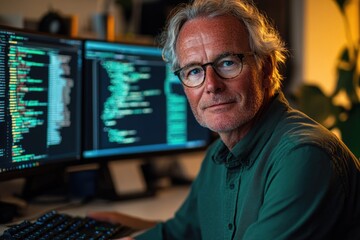 A senior man with grey hair and glasses codes on dual monitors displaying complex syntax. He looks confidently at camera, a focused software developer.