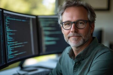 Smiling mature male programmer with glasses and beard sits before multiple code-filled monitors, reflecting expertise in software development.