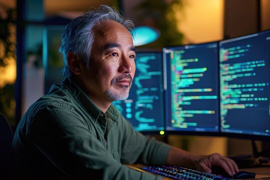 A mature Asian man intently monitors multiple computer screens displaying lines of code, deeply focused on software development tasks.