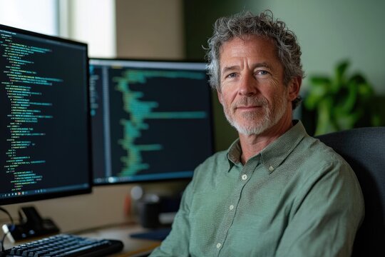 A focused middle-aged man, a software developer or programmer, sits confidently before dual monitors displaying complex code. - Powered by Adobe