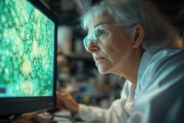 A focused senior scientist in a lab coat and safety glasses meticulously examines complex microscopic data on a monitor, displaying intricate biological patterns.