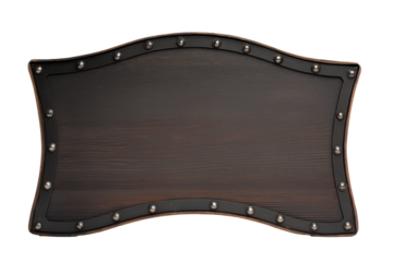 Meticulously crafted wooden shield with black leather border and rivets on transparent background