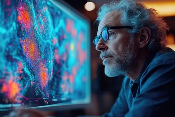 A focused senior researcher intently observes complex, abstract data visualizations on a large screen, engaged in scientific computing or advanced analysis.