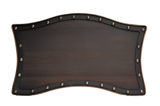 Meticulously crafted wooden shield with black leather border and rivets on transparent background
