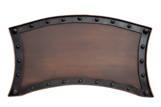 Curved wooden shield with black border and rivets on transparent background