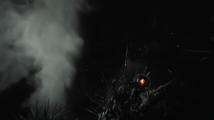 Dark, spiky structures with glowing eyes against a somber, ominous sky