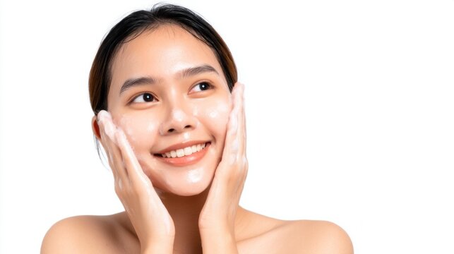 A joyful Asian female model smiles widely as she gently holds her face with both hands, showcasing a radiant skincare routine against a bright white background