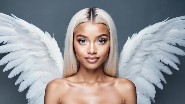 Beautiful model with angel wings posing against gray background