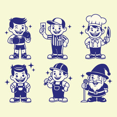 Set of retro mascot characters in various professional outfits, featuring a boxer, chef, worker, and festive Santa Claus