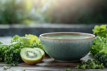 A vibrant green smoothie bowl, topped with chia seeds, surrounded by fresh kale and sliced kiwi on a rustic wooden table.