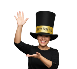 Celebrating new year with joyful woman in top hat isolated on transparent background