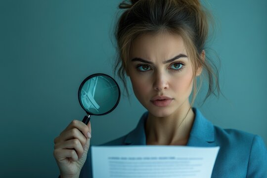 Focused woman intently examines a document with a magnifying glass, showing careful review and attention to detail in a professional setting. - Powered by Adobe