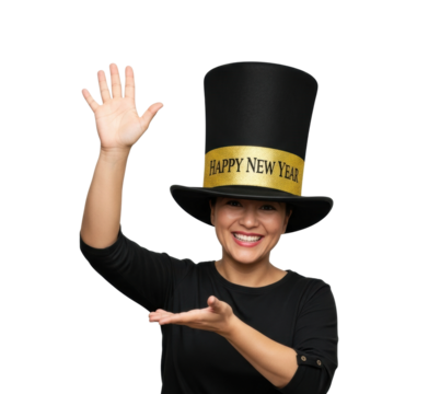Celebrating new year with joyful woman in top hat isolated on transparent background
