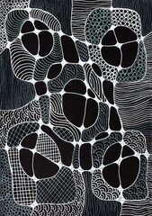 A dense and complex abstract pattern, executed in monochrome with minimal color accents. The design completely fills the surface and resembles a mosaic or neural network.