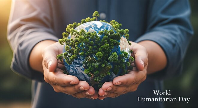 Hands holding planet Earth covered in green sprouts symbolizing growth and hope for World Humanitarian Day.