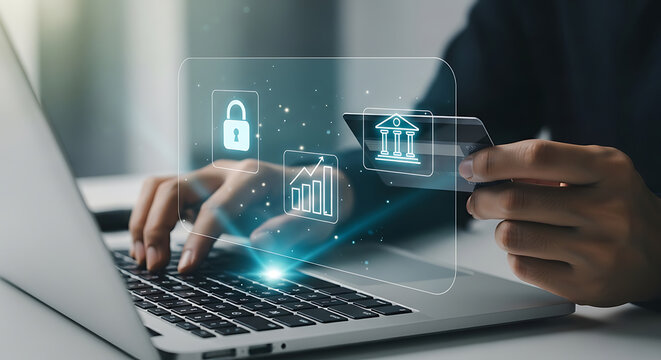 Person using laptop and holding a credit card with icons representing security, analytics, and banking services.