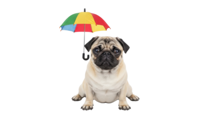 Sad pug dog sitting under a colorful umbrella isolated PNG with Transparent Background