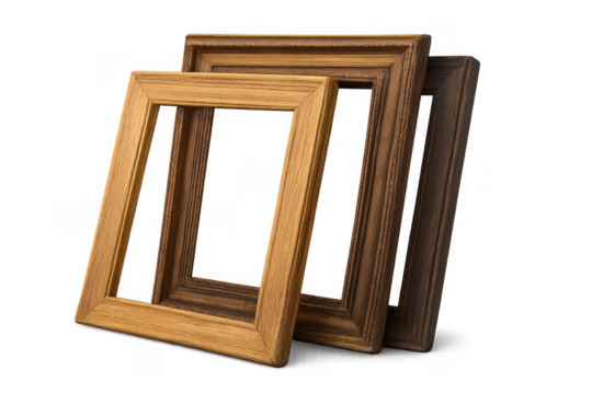 Wooden picture frames leaning together, empty classic natural wood art frames, transparent background
