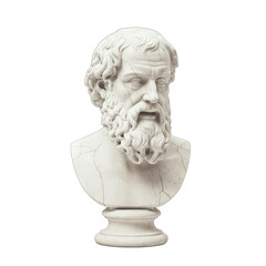 Ancient marble bust sculpture of a wise bearded man with detailed features and a classical pedestal isolated on a black background with subtle highlights