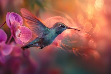 Fototapeta premium A vibrant iridescent hummingbird hovers beside a delicate pink orchid, bathed in a soft, ethereal glow with artistic bokeh lights.